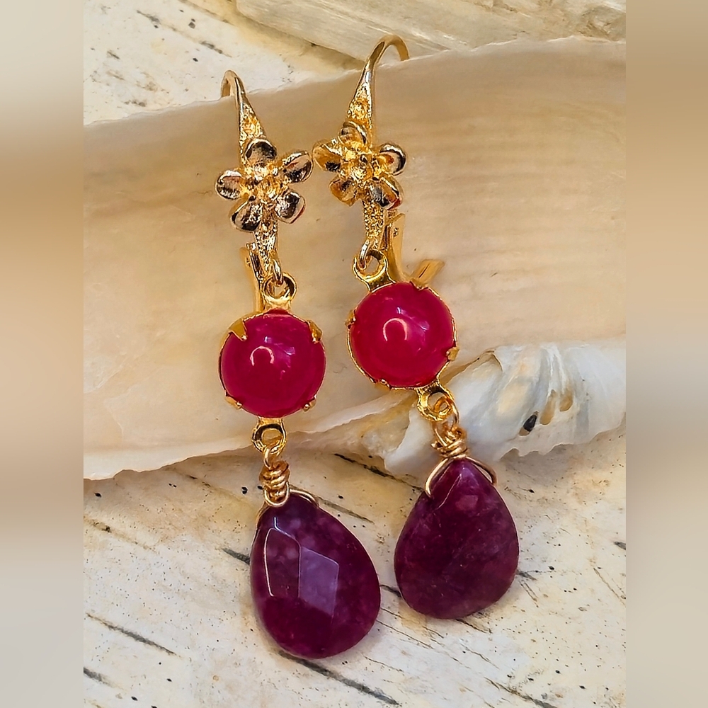 All Natural Fuchsia Jade In Gold Plated Drop Statement  Earrings